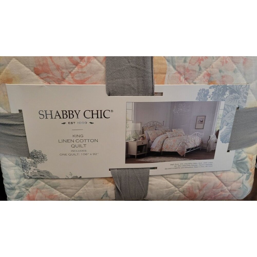 Shabby Chic Rachel Ashwell King Quilt Linen Cotton Farmhouse Floral Orange Green